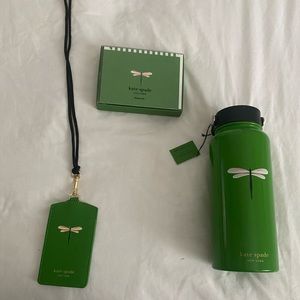 Kate spade green Dragonfly set, lanyard, water bottle, and note card set